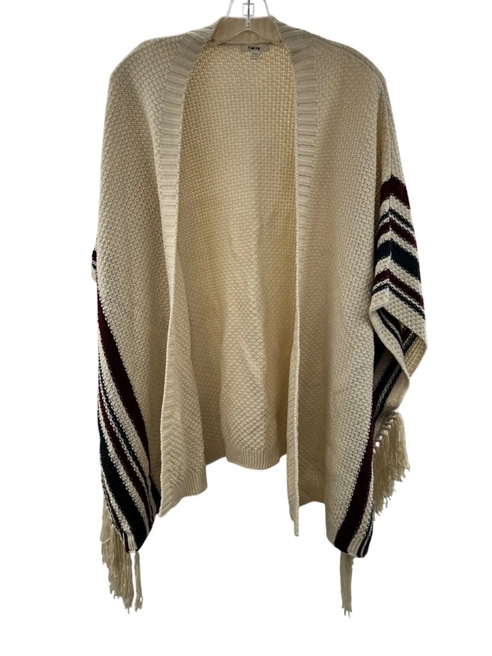 Timing Womens Knit Open Front Shrug Poncho Cardigan Cream Size S/M Fringe Boho